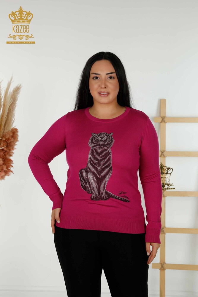 Wholesale Women's Knitwear Sweater - Tiger Pattern - Fuchsia - 30127 | KAZEE - 1