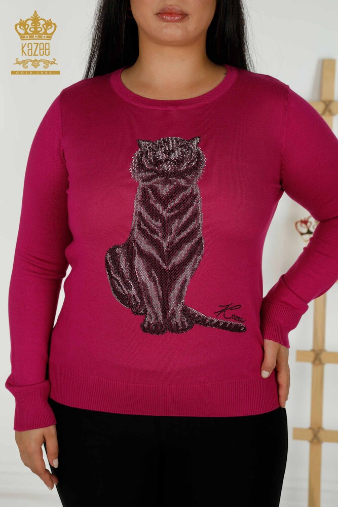 Wholesale Women's Knitwear Sweater - Tiger Pattern - Fuchsia - 30127 | KAZEE - 2