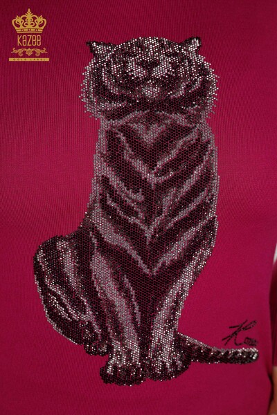 Wholesale Women's Knitwear Sweater - Tiger Pattern - Fuchsia - 30127 | KAZEE - 3