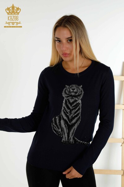 Wholesale Women's Knitwear Sweater - Tiger Pattern - Navy Blue - 30127 | KAZEE - 1