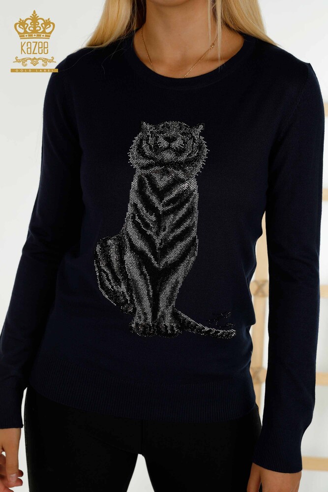 Wholesale Women's Knitwear Sweater - Tiger Pattern - Navy Blue - 30127 | KAZEE - 2