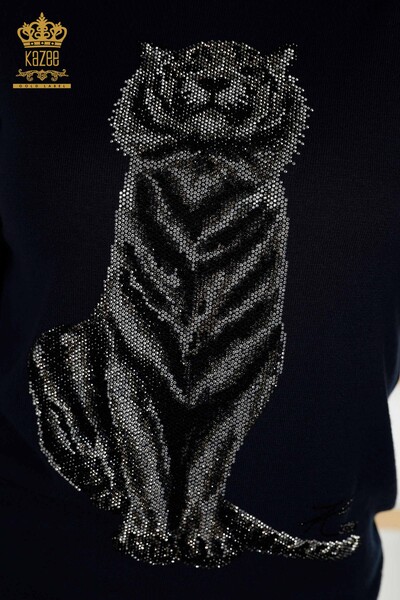 Wholesale Women's Knitwear Sweater - Tiger Pattern - Navy Blue - 30127 | KAZEE - 3