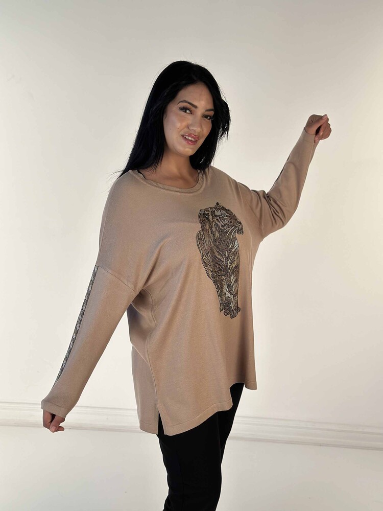 Wholesale Women's Knitwear Sweater Tiger Patterned Stone Embroidered Beige - 30746 | KAZEE - 2