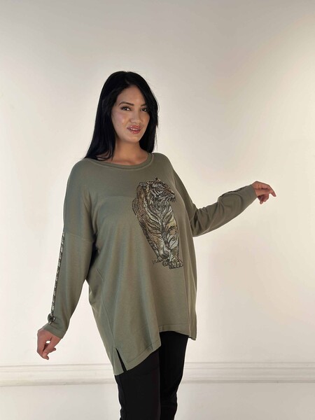 Wholesale Women's Knitwear Sweater Tiger Patterned Stone Embroidered Khaki - 30746 | KAZEE - Thumbnail