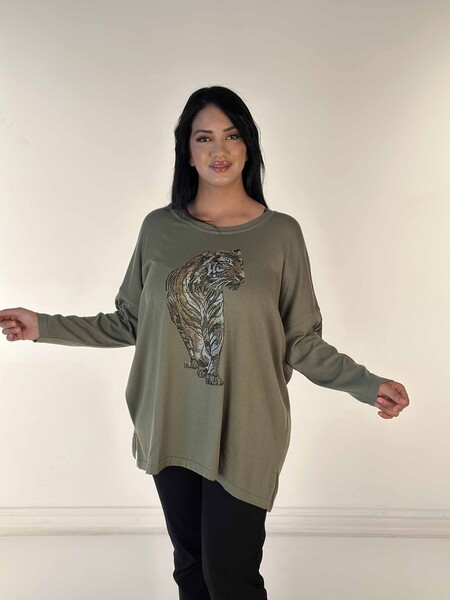 Wholesale Women's Knitwear Sweater Tiger Patterned Stone Embroidered Khaki - 30746 | KAZEE - Thumbnail (2)