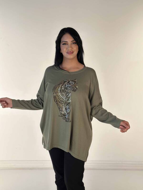 Wholesale Women's Knitwear Sweater Tiger Patterned Stone Embroidered Khaki - 30746 | KAZEE