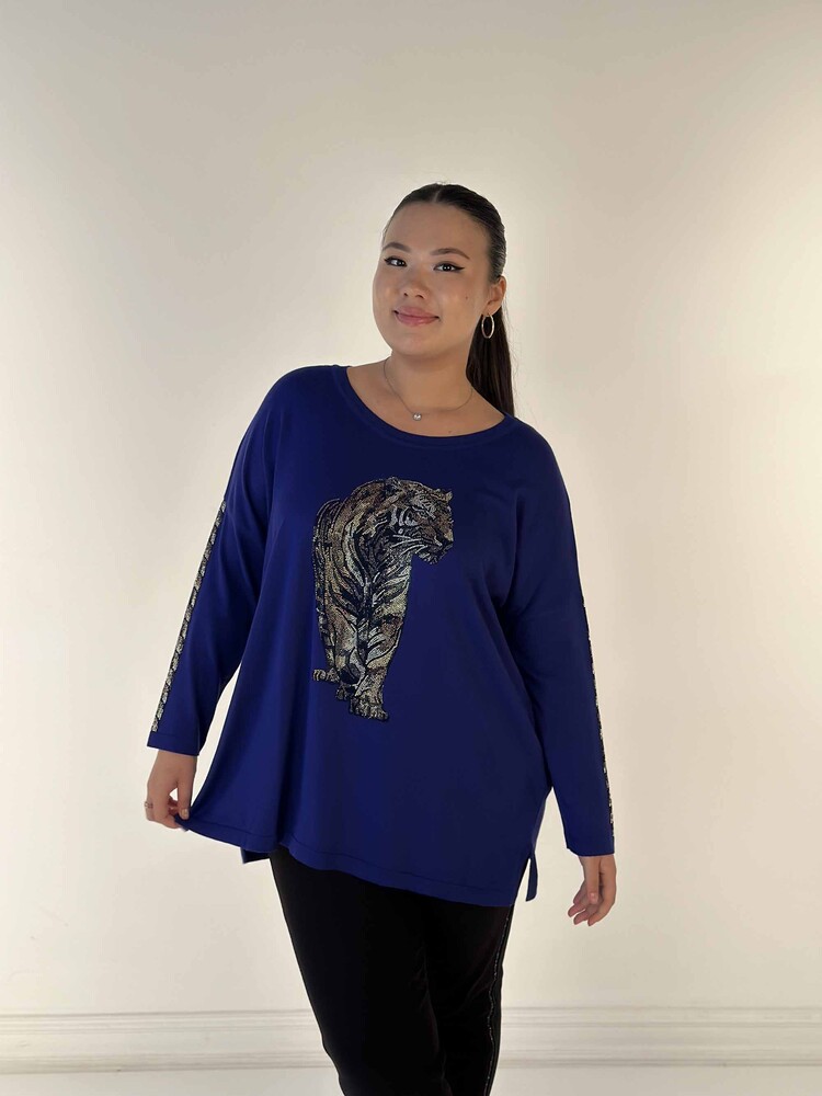 Wholesale Women's Knitwear Sweater Tiger Patterned Stone Embroidered Saxe - 30746 | KAZEE - 1