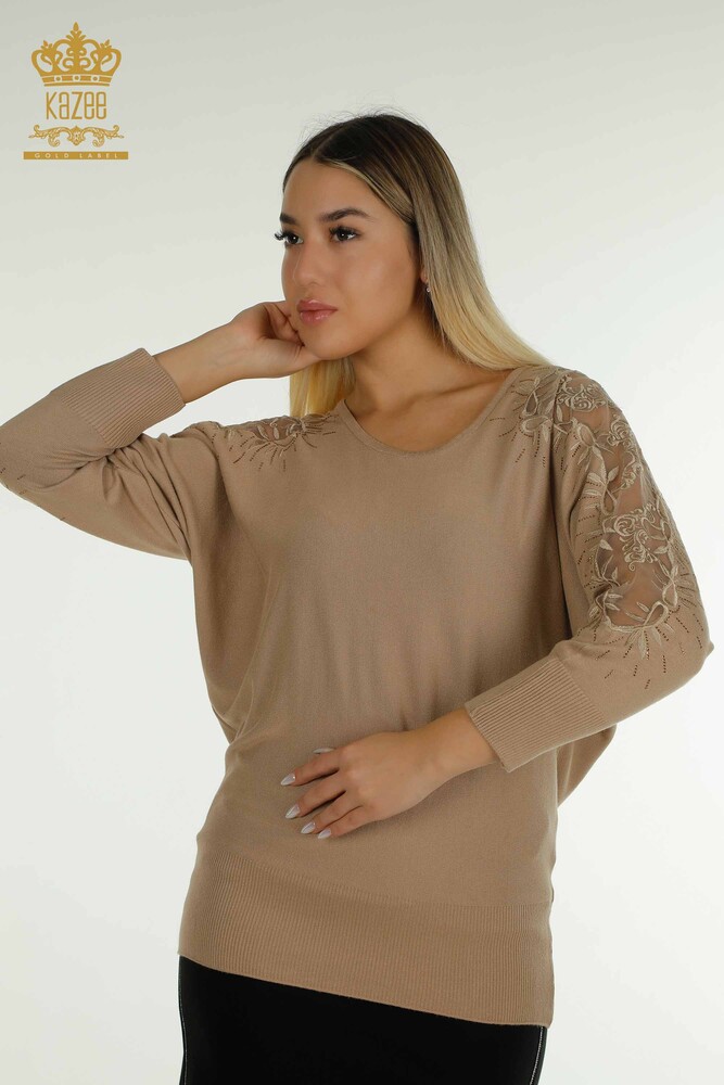 Wholesale Women's Knitwear Sweater with Tulle Detail Beige - 15699 | KAZEE - 1