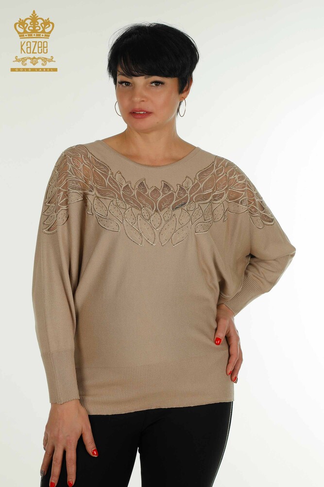 Wholesale Women's Knitwear Sweater with Tulle Detail Beige - 16942 | KAZEE - 1