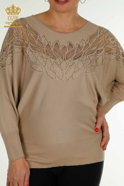 Wholesale Women's Knitwear Sweater with Tulle Detail Beige - 16942 | KAZEE - 2