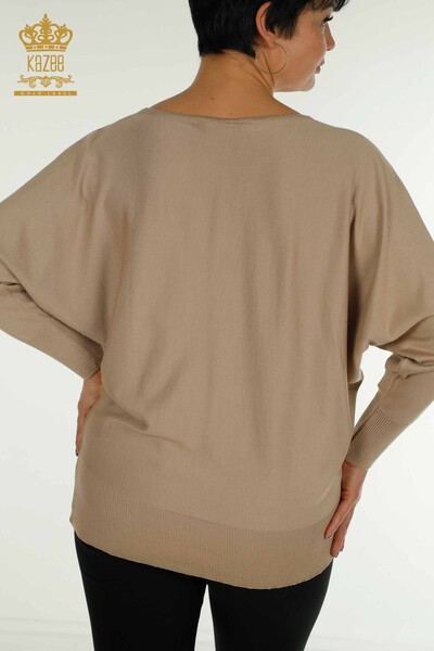 Wholesale Women's Knitwear Sweater with Tulle Detail Beige - 16942 | KAZEE - 7