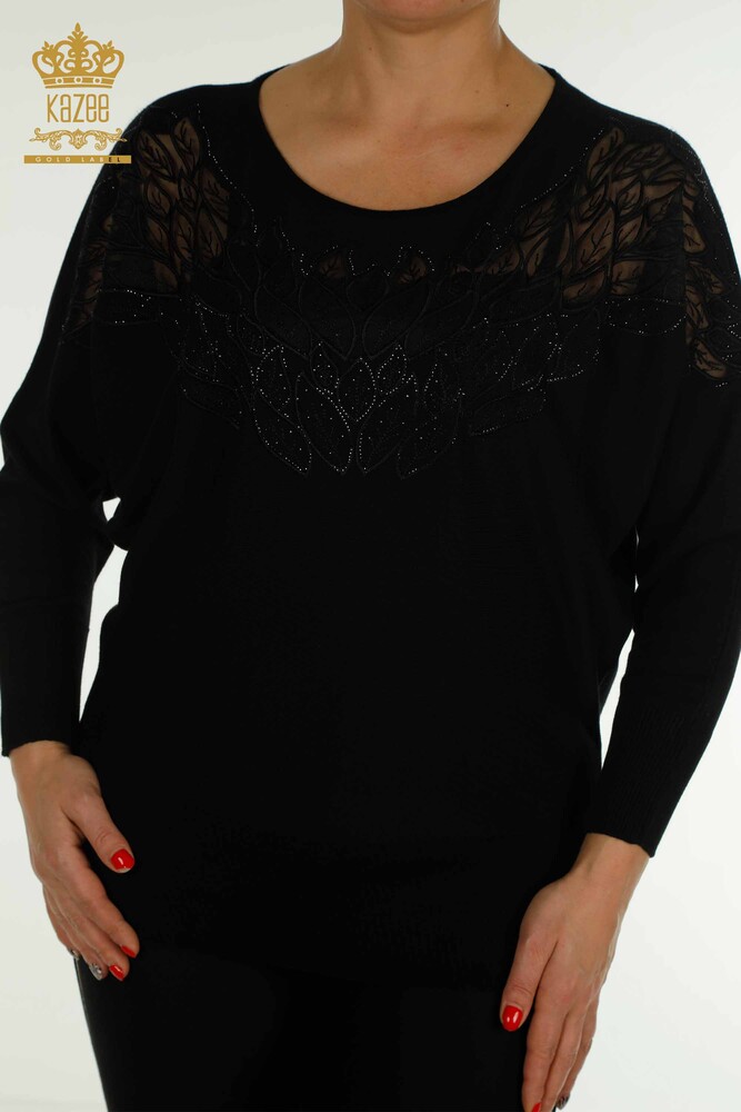 Wholesale Women's Knitwear Sweater with Tulle Detail Black - 16942 | KAZEE - 2