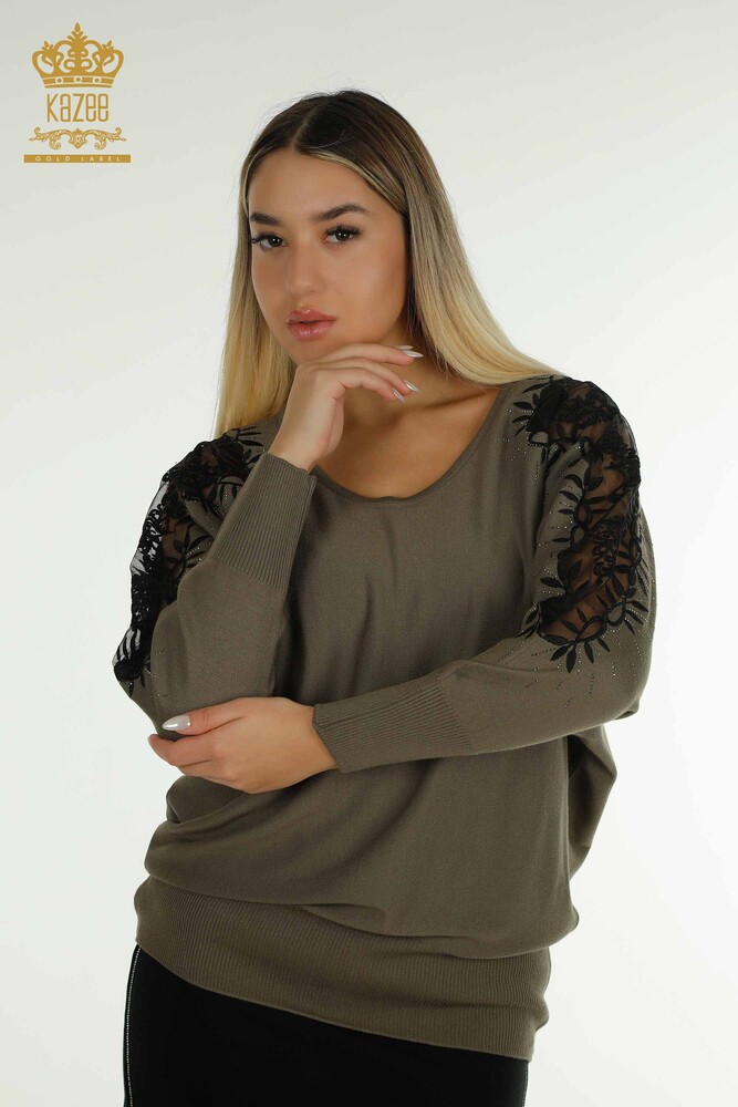 Wholesale Women's Knitwear Sweater Tulle Detailed Khaki - 15699 | KAZEE - 1