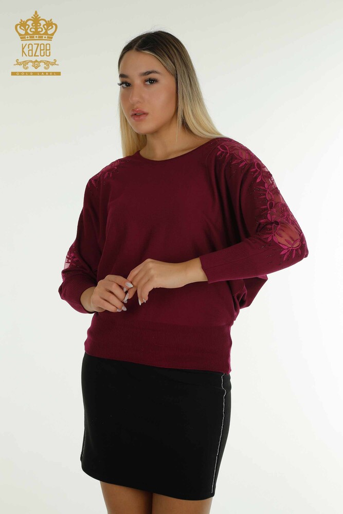 Wholesale Women's Knitwear Sweater with Tulle Detail, Purple - 15699 | KAZEE - 1