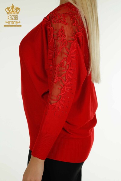 Wholesale Women's Knitwear Sweater Red with Tulle Detail - 15699 | KAZEE - 5