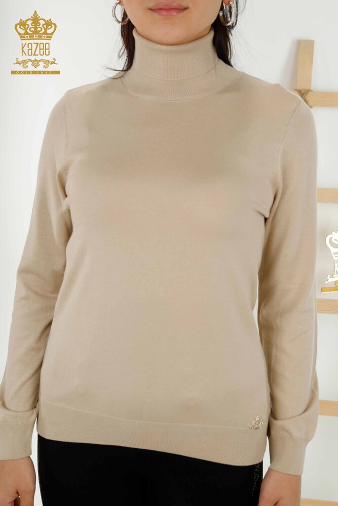 Wholesale Women's Knitwear Sweater Turtleneck Basic Light Beige - 11122 | KAZEE - 2