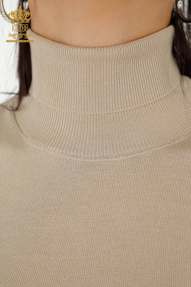 Wholesale Women's Knitwear Sweater Turtleneck Basic Light Beige - 11122 | KAZEE - 3