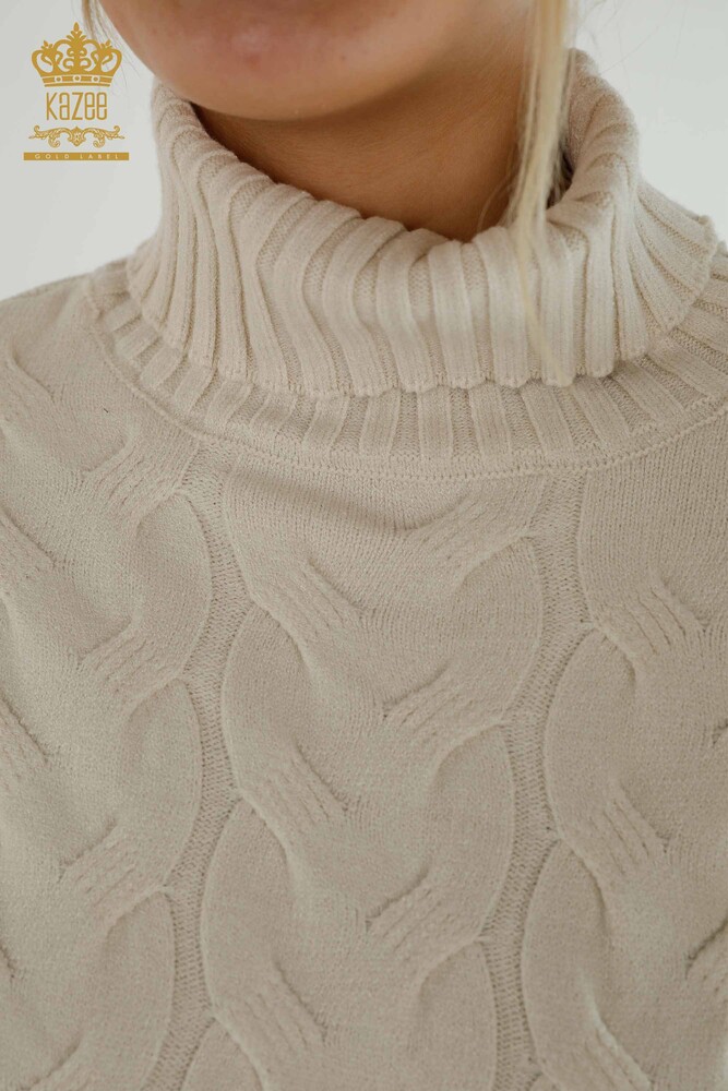 Wholesale Women's Knitwear Sweater Turtleneck Beige - 30231 | KAZEE - 3