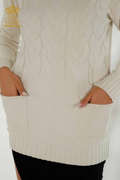 Wholesale Women's Knitwear Sweater Turtleneck Beige - 30231 | KAZEE - 4