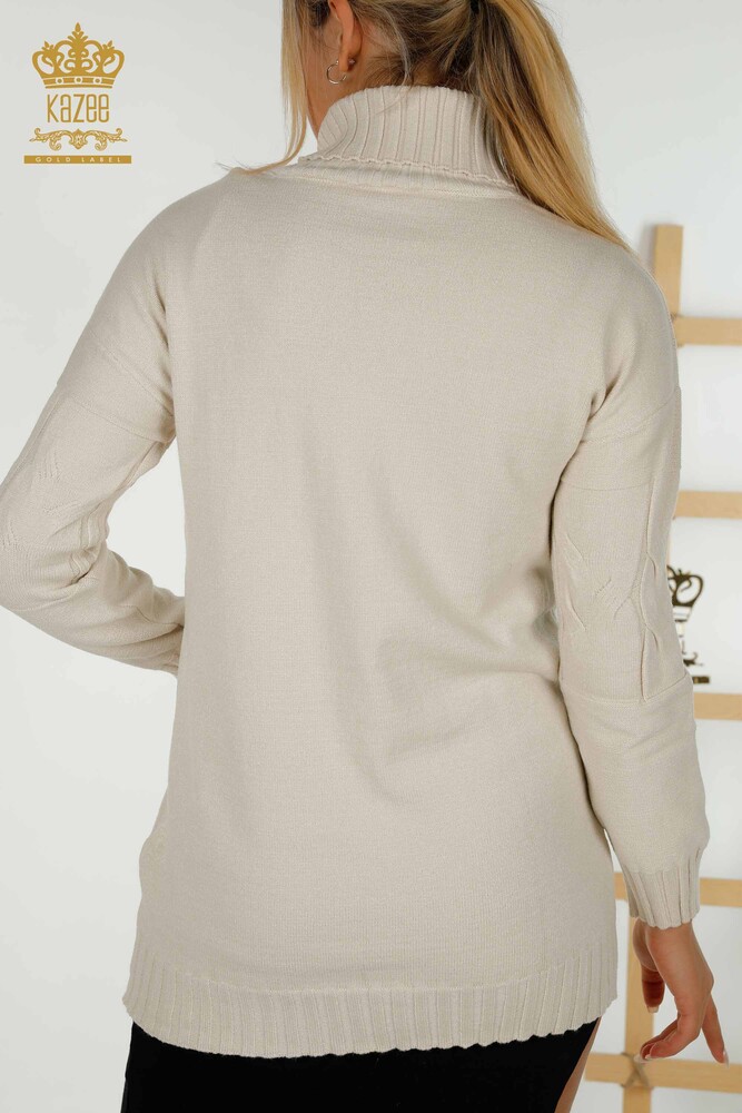 Wholesale Women's Knitwear Sweater Turtleneck Beige - 30231 | KAZEE - 5