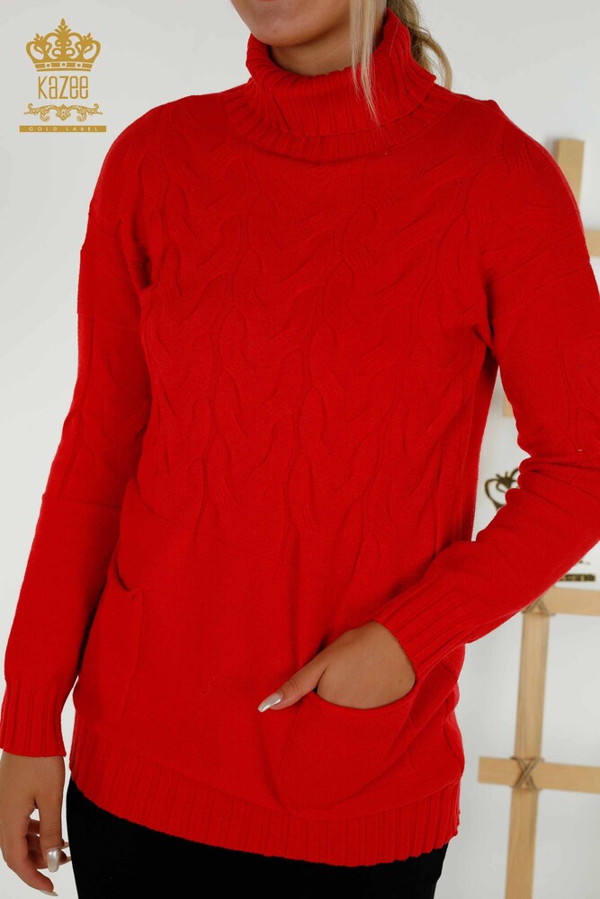 Wholesale Women's Knitwear Sweater Turtleneck Red - 30231 | KAZEE - 2