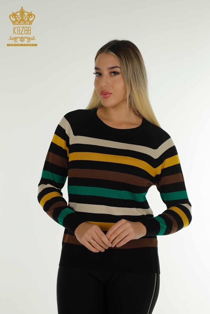 Wholesale Women's Knitwear Sweater Two Color Striped Black Saffron - 30786 | KAZEE - 1