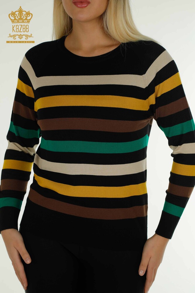 Wholesale Women's Knitwear Sweater Two Color Striped Black Saffron - 30786 | KAZEE - 2