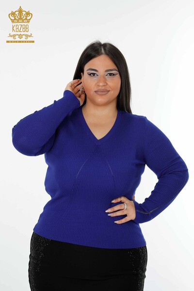 Wholesale Women's Knitwear Sweater V Neck Dark Blue - 16249 | KAZEE - 1