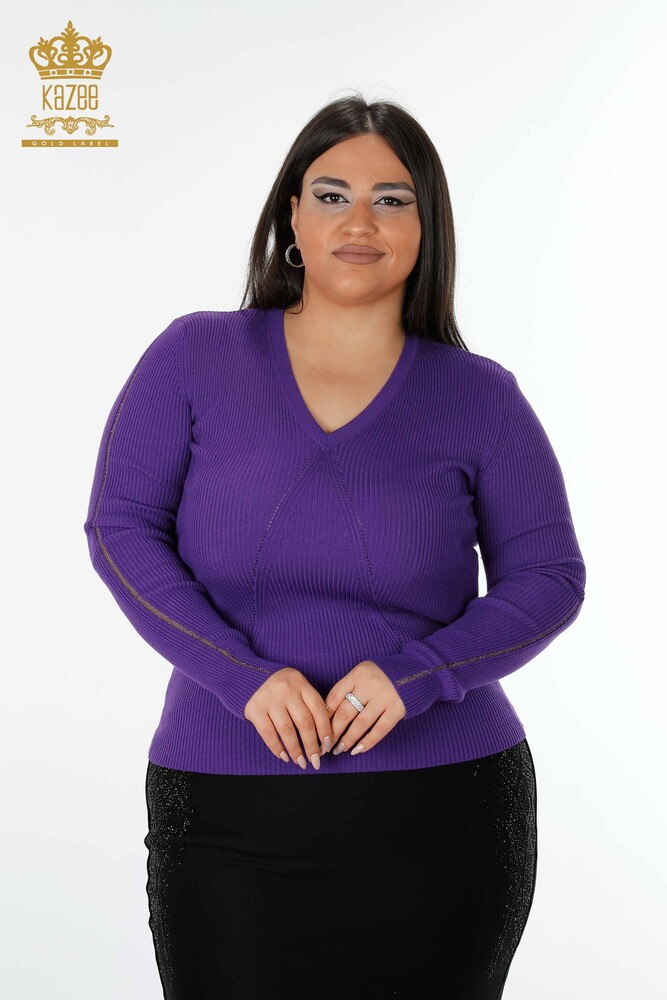 Wholesale Women's Knitwear Sweater V Neck Purple - 16249 | KAZEE - 1