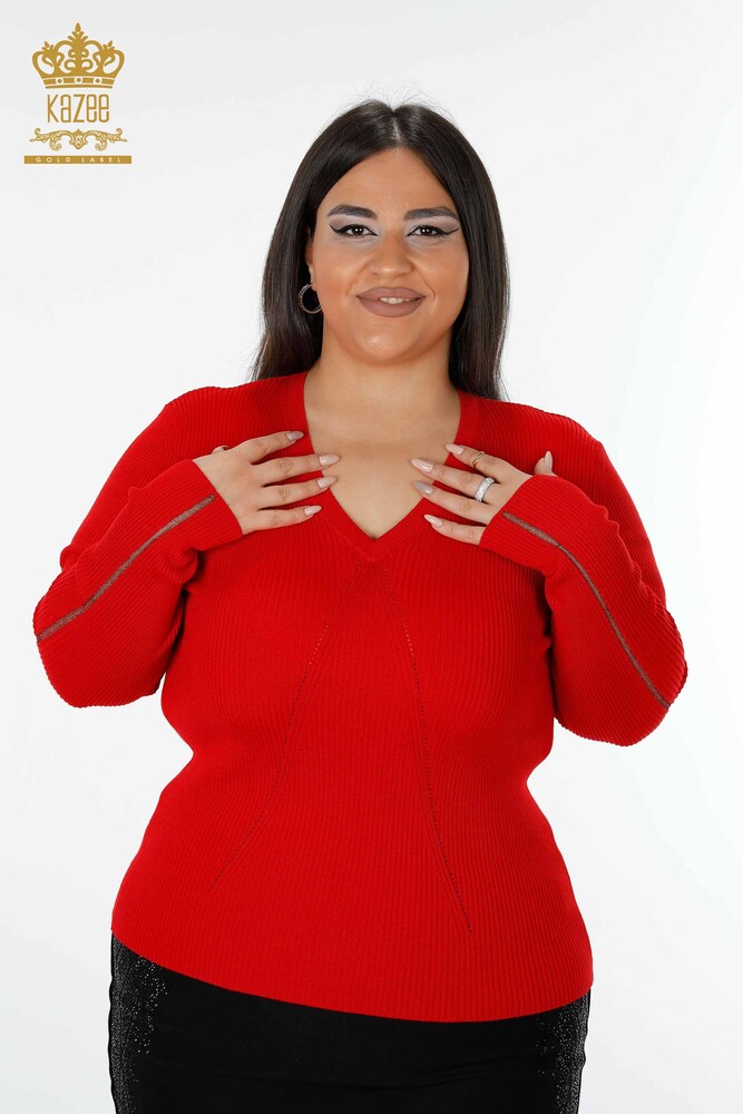 Wholesale Women's Knitwear Sweater V Neck Red - 16249 | KAZEE - 1