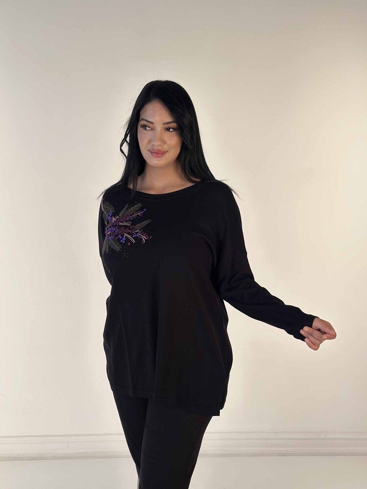 Wholesale Women's Knitwear Sweater Stone Embroidered Long Sleeve Black - 30750 | KAZEE - 2