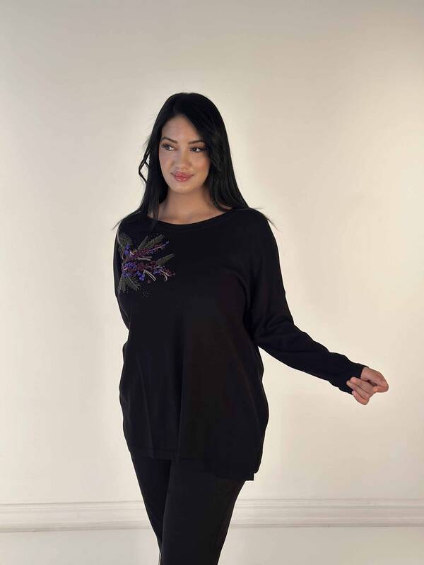 Wholesale Women's Knitwear Sweater Stone Embroidered Long Sleeve Black - 30750 | KAZEE