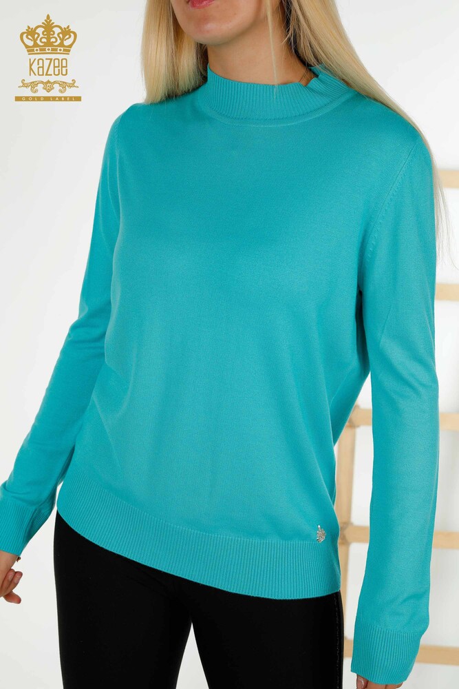 Wholesale Women's Knitwear Sweater - Stand Collar - Basic - Turquoise - 16663 | KAZEE - 2