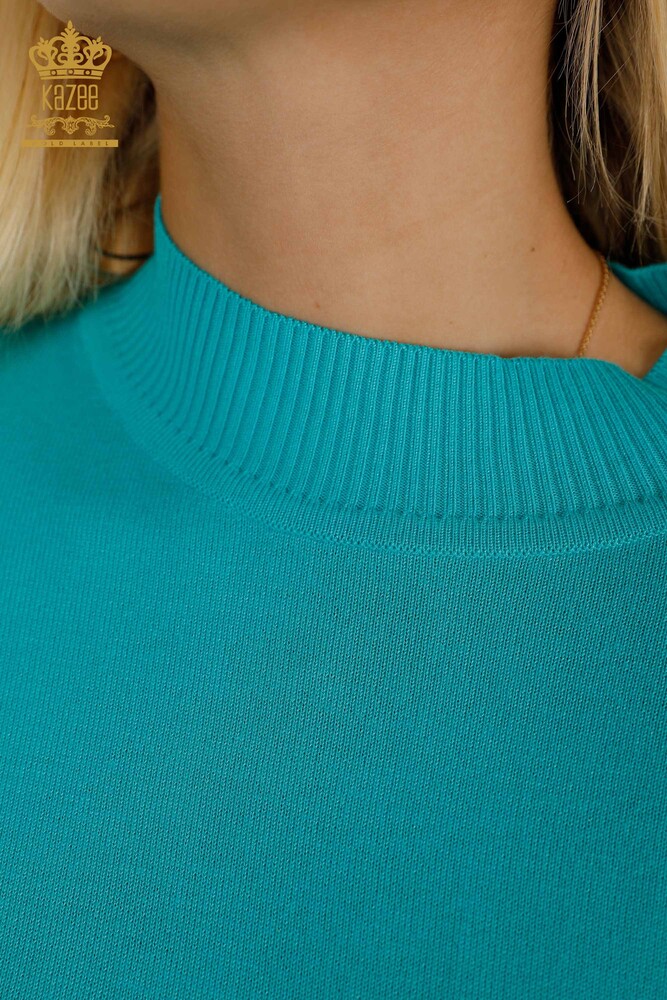 Wholesale Women's Knitwear Sweater - Stand Collar - Basic - Turquoise - 16663 | KAZEE - 3