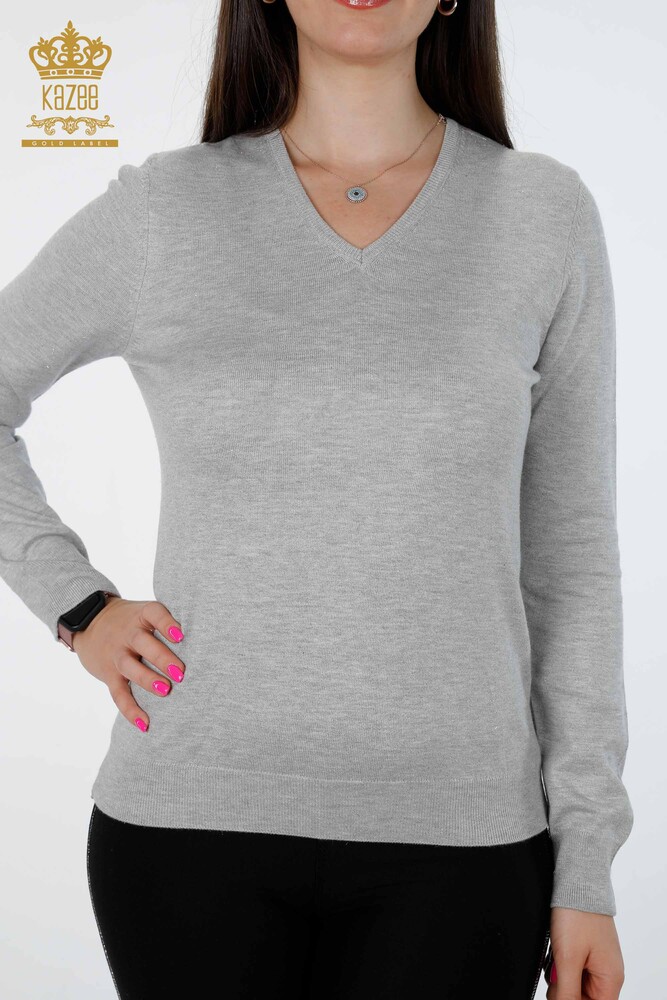 Wholesale Women's Knitwear V Neck Glittered Basic Viscose Long Sleeve - 15316 | KAZEE - 6