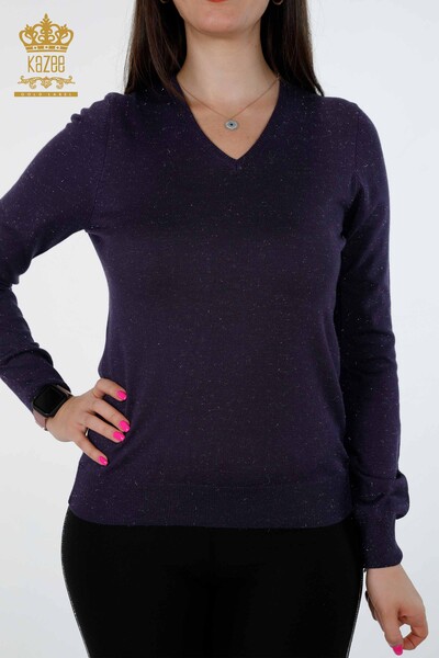 Wholesale Women's Knitwear V Neck Glittered Basic Viscose Long Sleeve - 15316 | KAZEE - 14