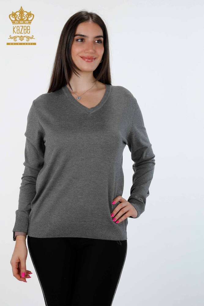 Wholesale Women's Knitwear V Neck Glittered Basic Viscose Long Sleeve - 15316 | KAZEE - 17