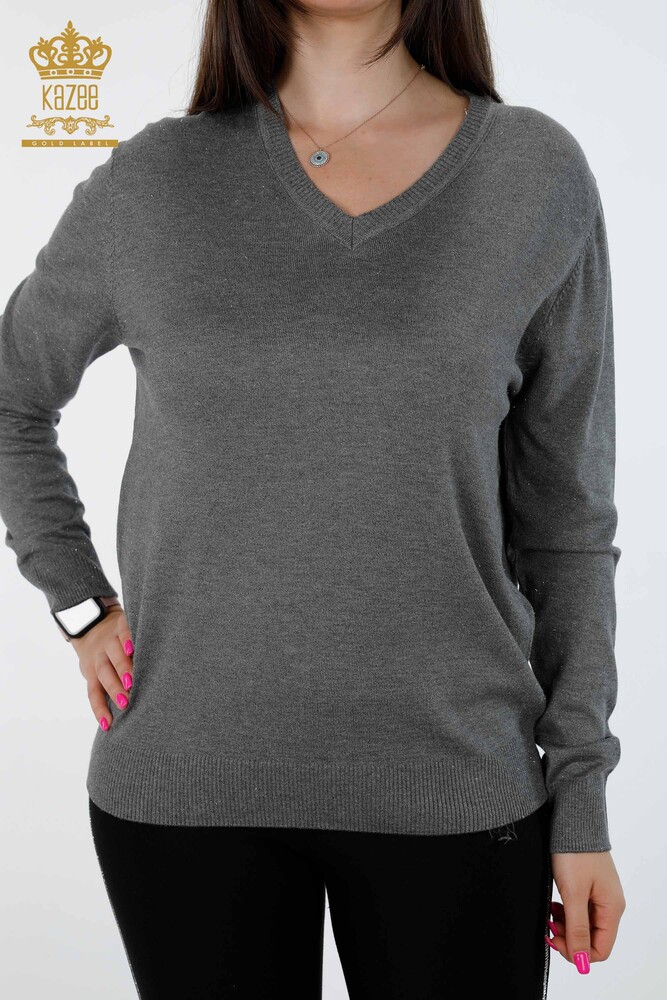 Wholesale Women's Knitwear V Neck Glittered Basic Viscose Long Sleeve - 15316 | KAZEE - 18