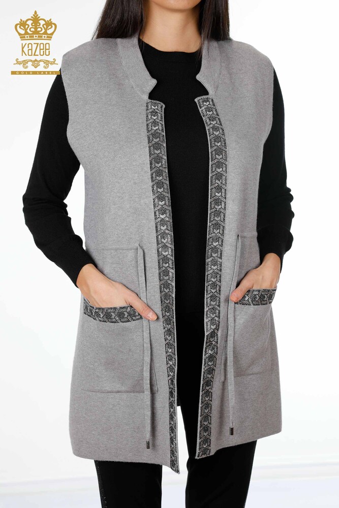 Wholesale Women's Knitwear Vest Long Pocket Detailed Stone Embroidered - 16805 | KAZEE - 2