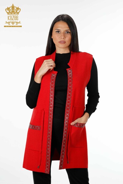 Wholesale Women's Knitwear Vest Long Pocket Detailed Stone Embroidered - 16805 | KAZEE - 13