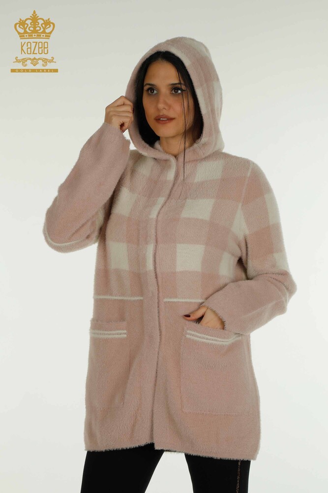 Wholesale Women's Long Cardigan Checked Angora Powder - 30208 | KAZEE - 2