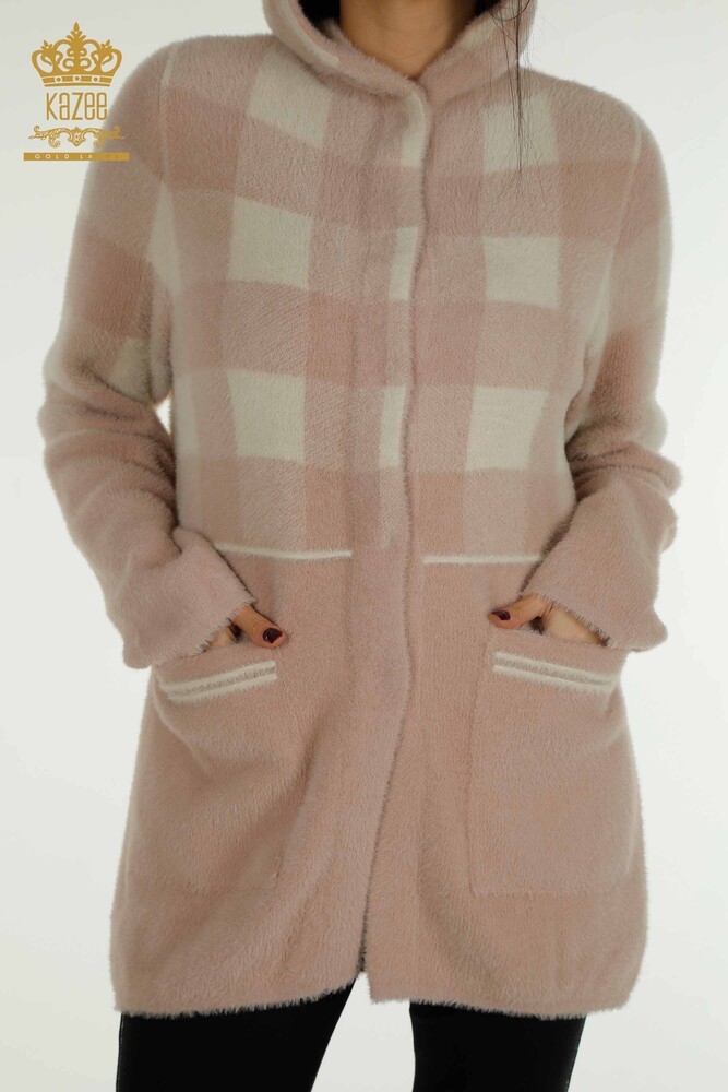 Wholesale Women's Long Cardigan Checked Angora Powder - 30208 | KAZEE - 3