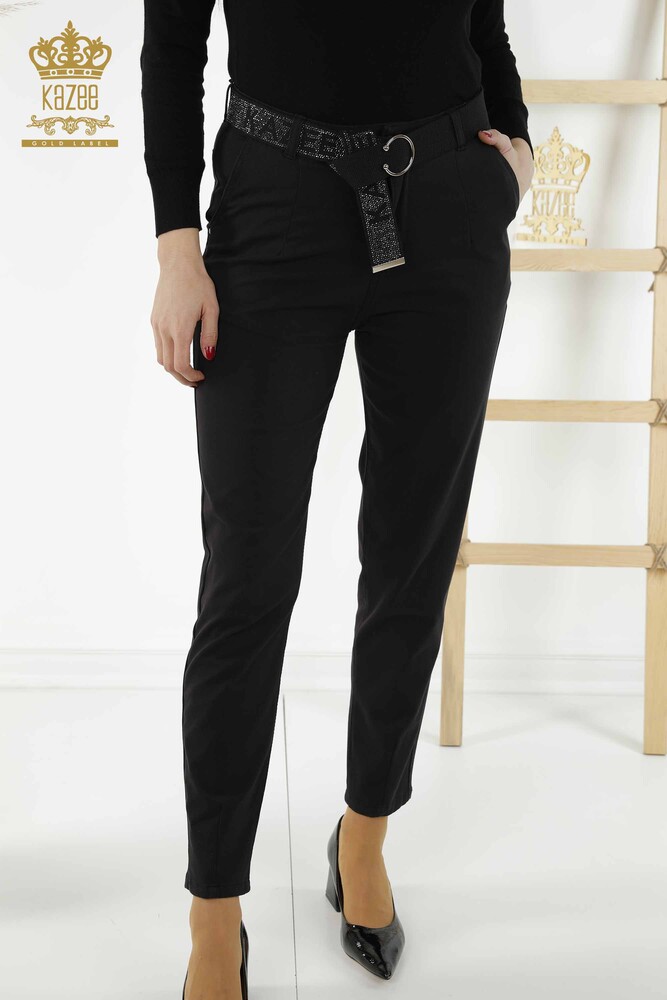 Wholesale Women's Pants Belt Pocket Black - 3685 | KAZEE - 2