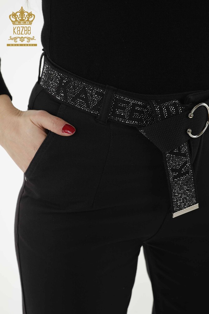 Wholesale Women's Pants Belt Pocket Black - 3685 | KAZEE - 3