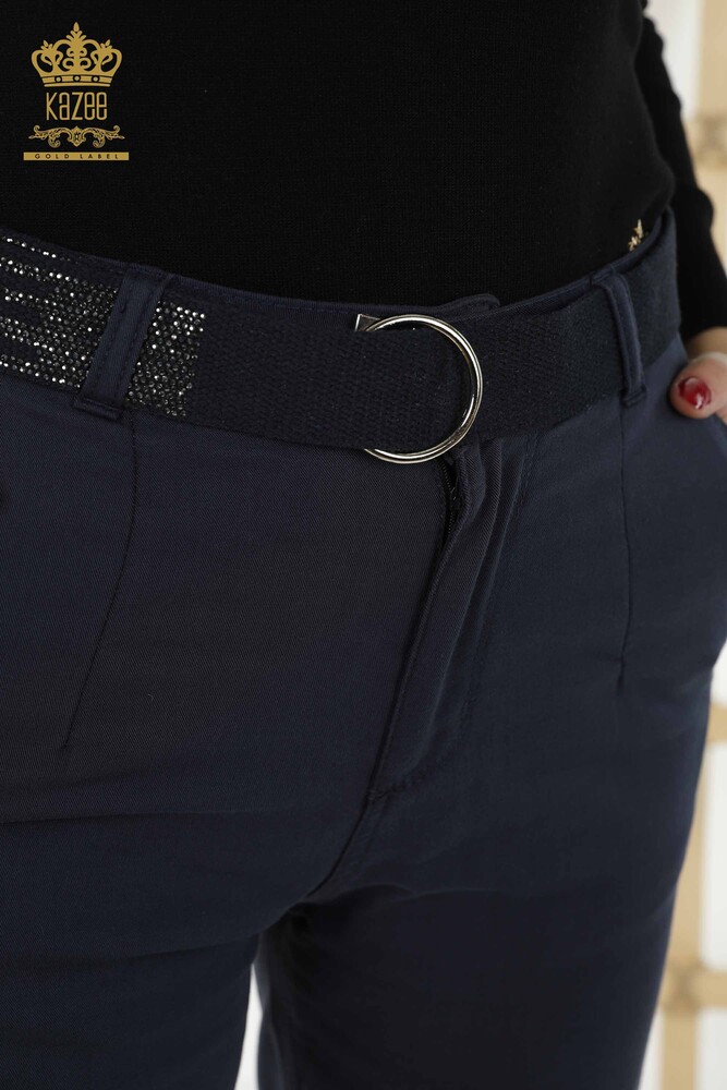 Wholesale Women's Trousers - Belted Pockets Navy Blue - 3685 | KAZEE - 4