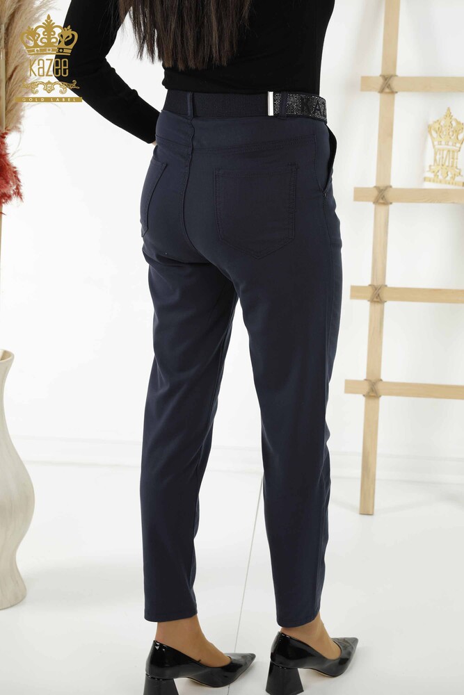 Wholesale Women's Trousers - Belted Pockets Navy Blue - 3685 | KAZEE - 6