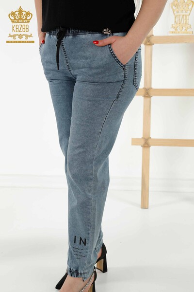 Wholesale Women's Trousers - Elastic Waist - Navy Blue - 3675 | KAZEE - Thumbnail