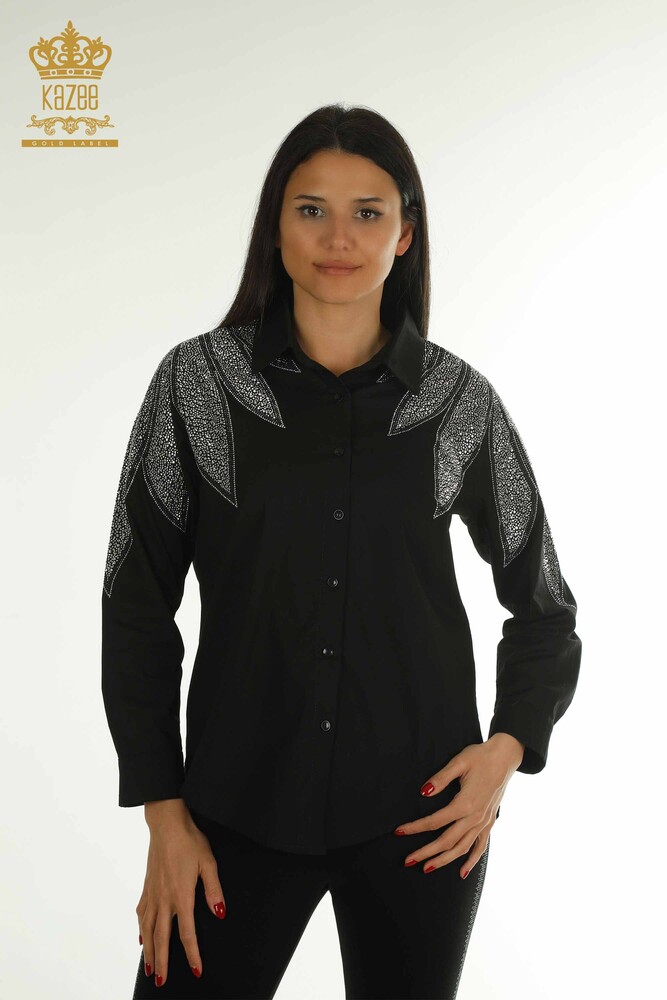 Wholesale Women's Shirt with Shoulder Detail Black - 20478 | KAZEE - 1