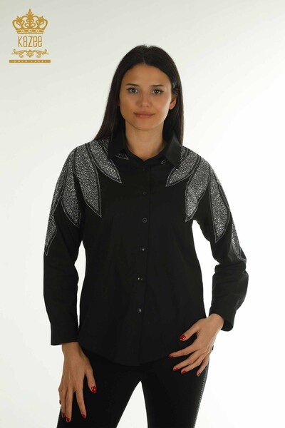 Wholesale Women's Shirt with Shoulder Detail Black - 20478 | KAZEE 