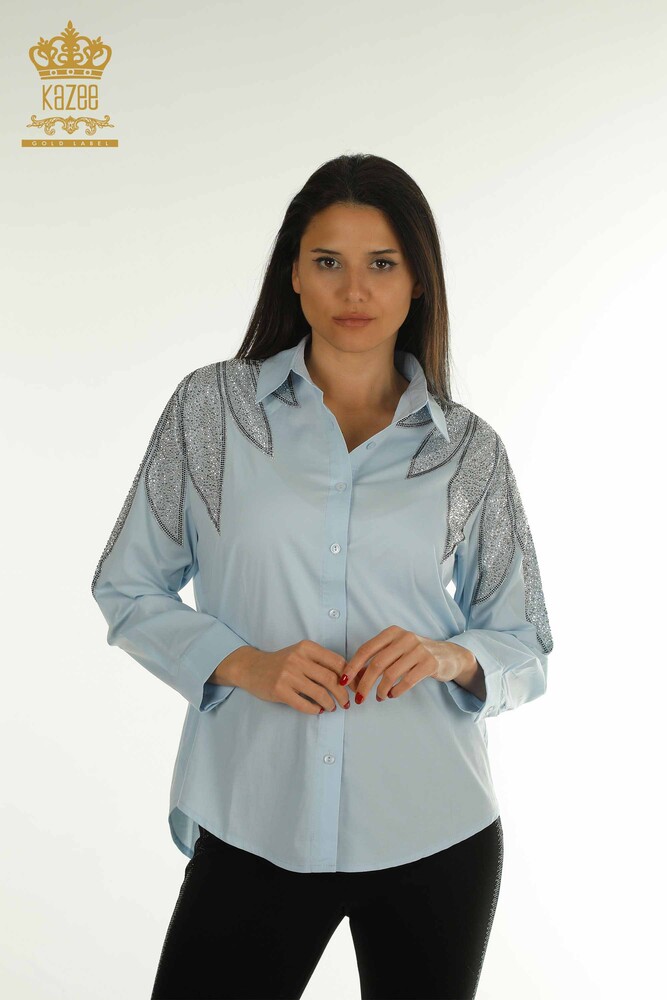 Wholesale Women's Shirt with Shoulder Detail Blue - 20478 | KAZEE - 1